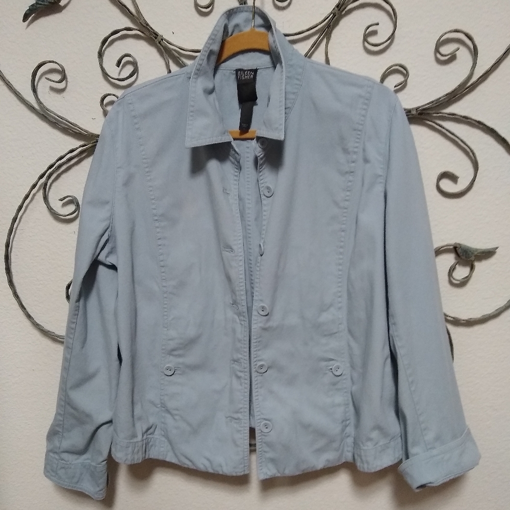 EILEEN FISHER organic cotton button front collared blue jacket, L